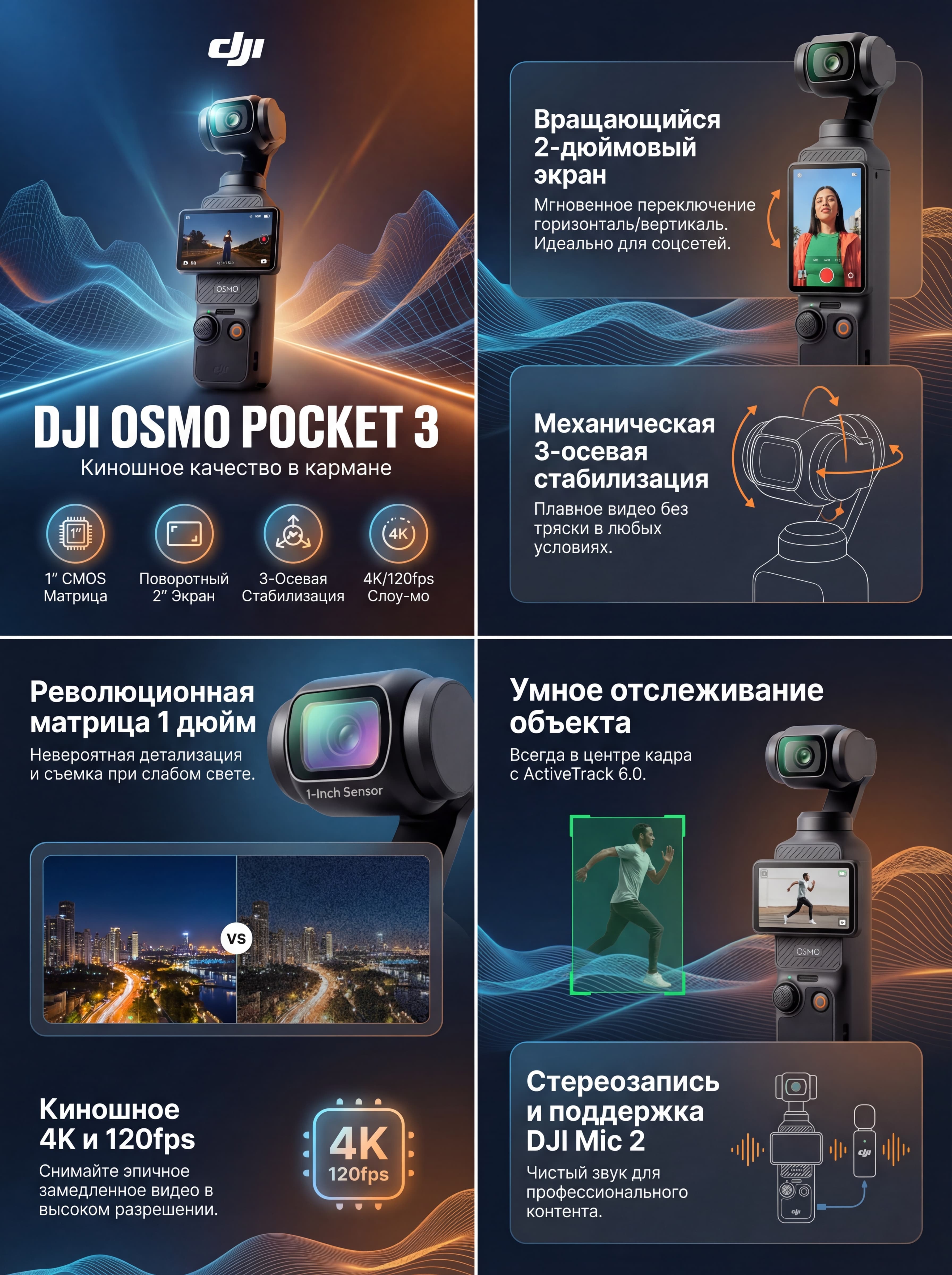 Инфографика для дрона DJI — акценты на съемке и стабилизации